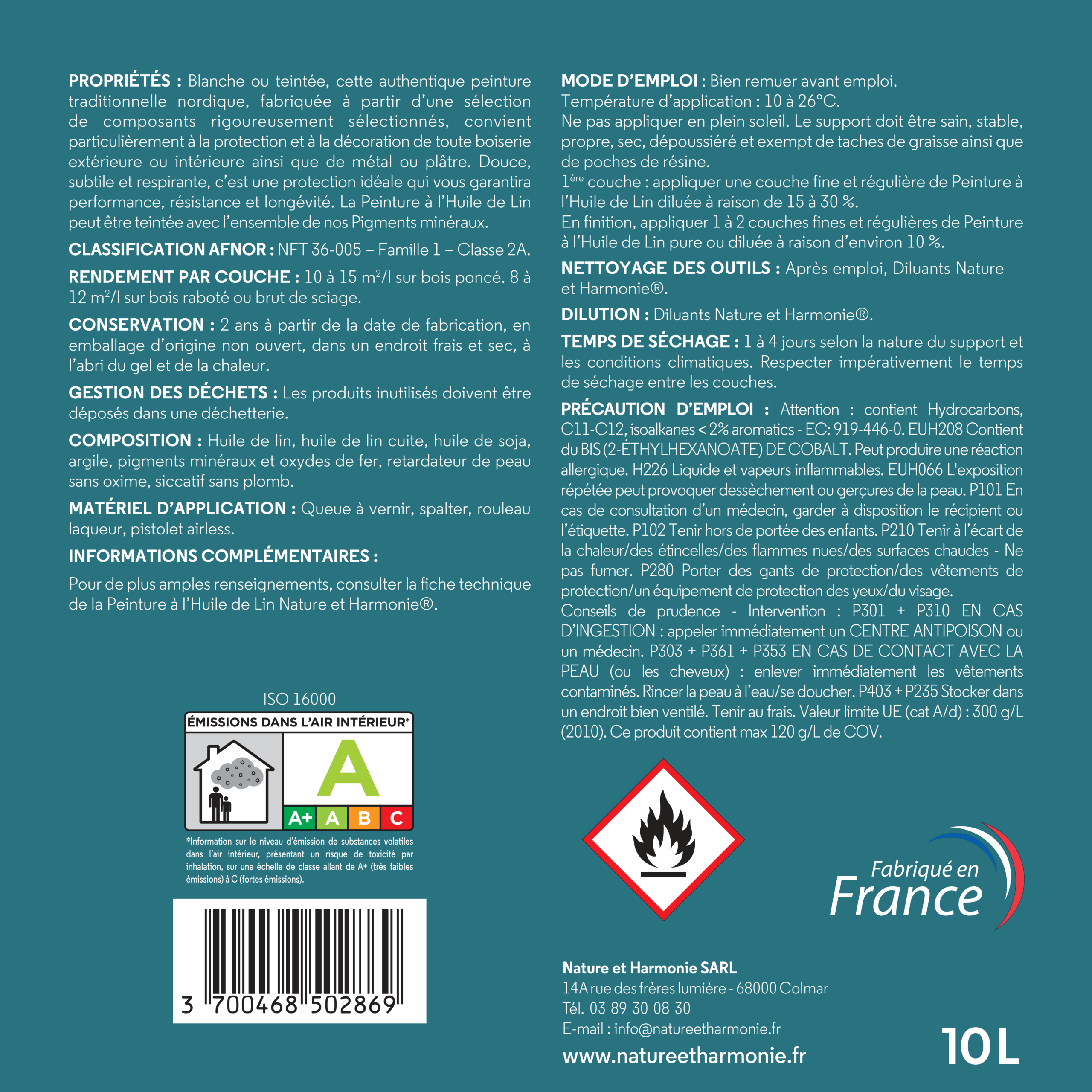 Peinture huile de lin blanche ou teintée 10L