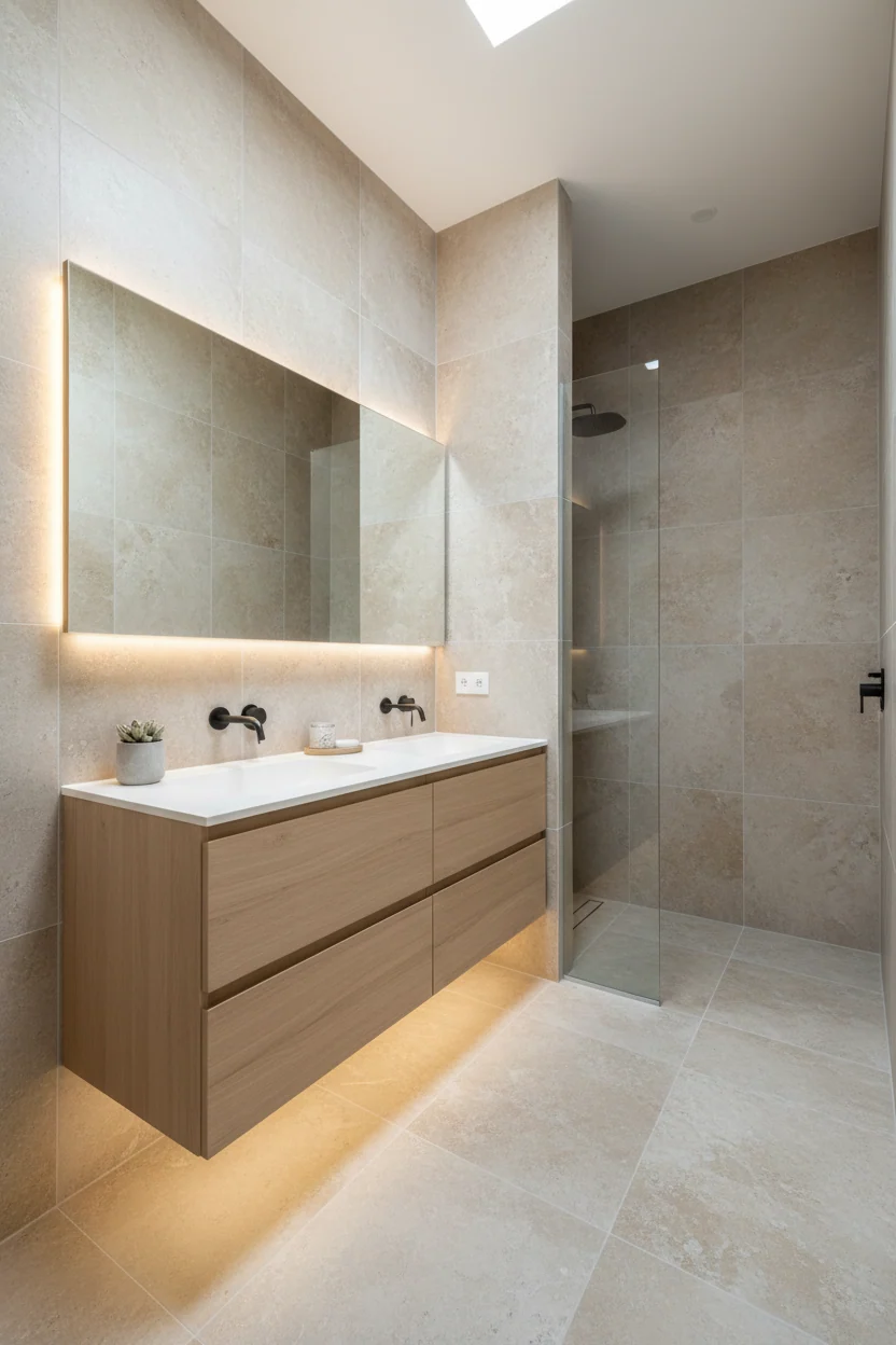 Salle de bains grands carreaux